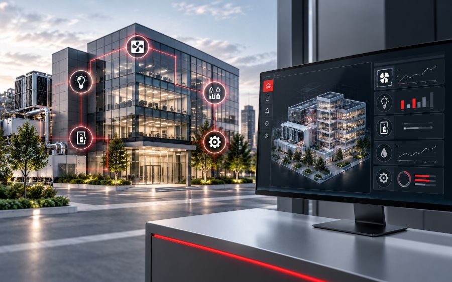 Building management system controlling HVAC, lighting and power